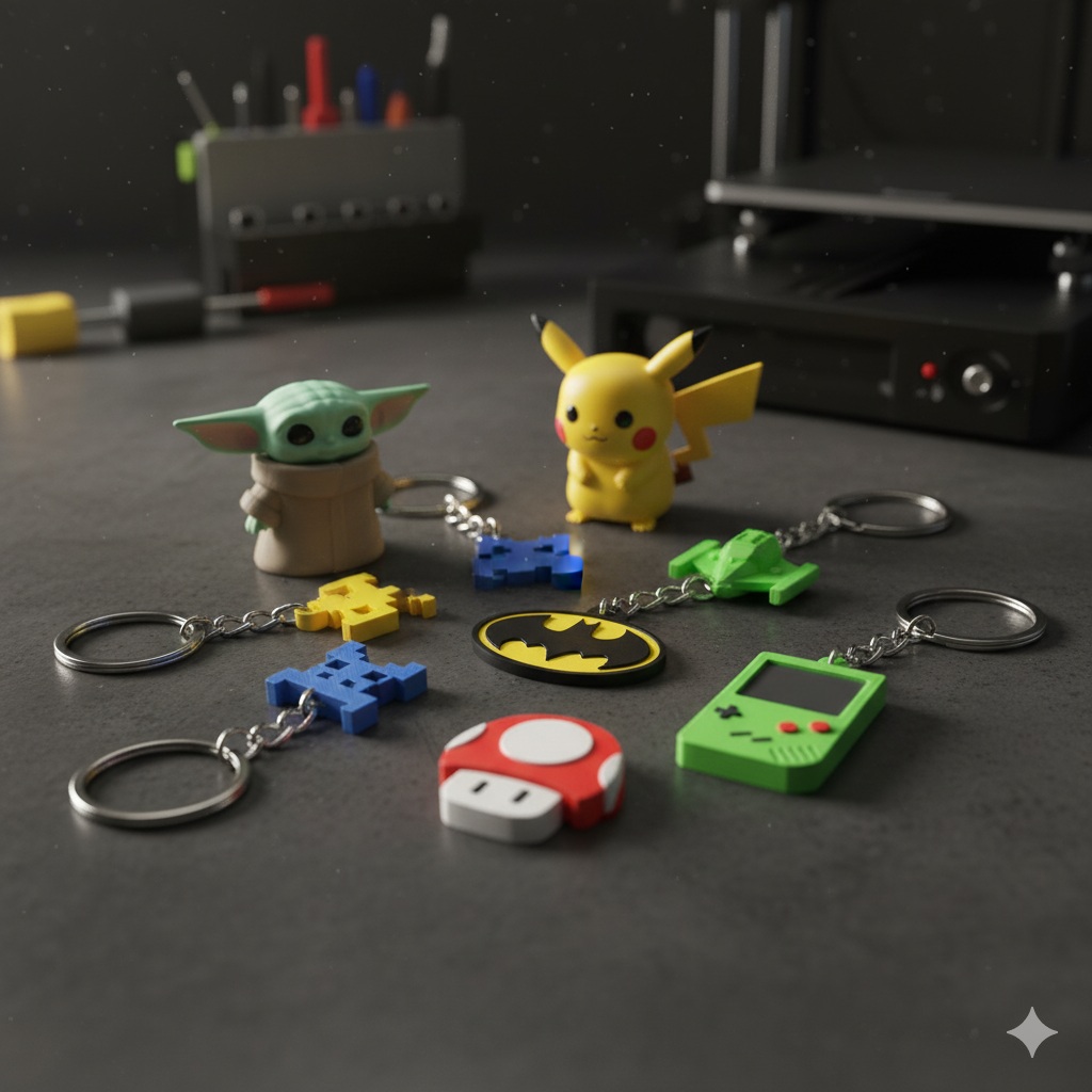 Llaveros temáticos de cultura pop impresos en 3D